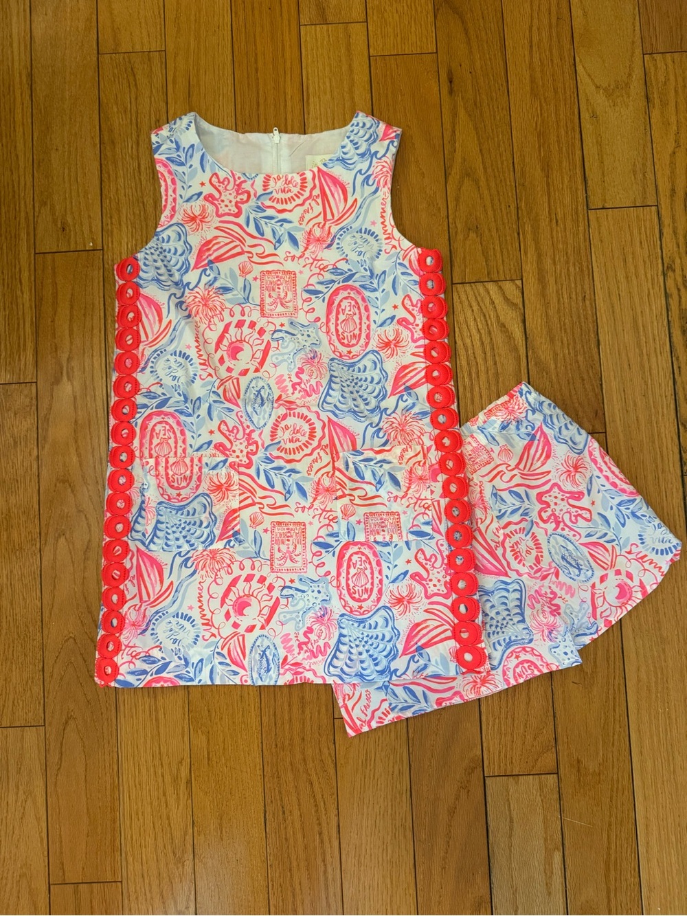 Lilly Pulitzer Girls Pink Blue Coral Print Shift Dress with Trim, size 12